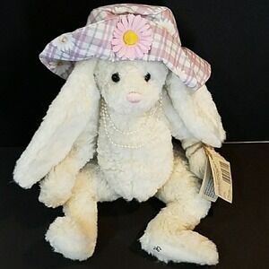 Hattie White Bunny Rabbit Cottage Collectibles Ganz 1997 Pearls Plaid Hat EASTER